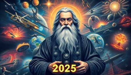 Create an intriguing image of Nostradamus surrounded by swirling visions of the future, including scenes of war, medical advancements, and natural disasters, with a central focus on the year 2025.