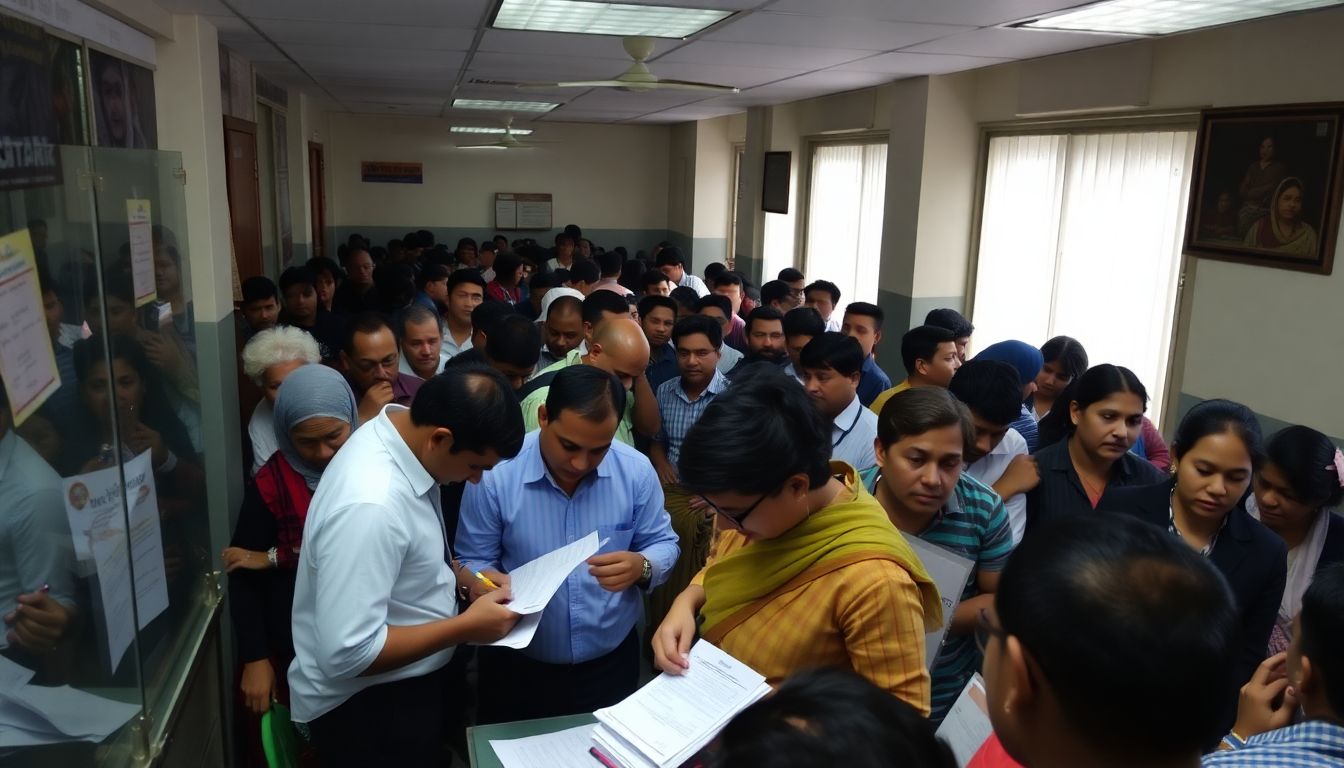 A crowded government office with people filling out forms, while others wait anxiously, reflecting the urgency and concern of the moment.