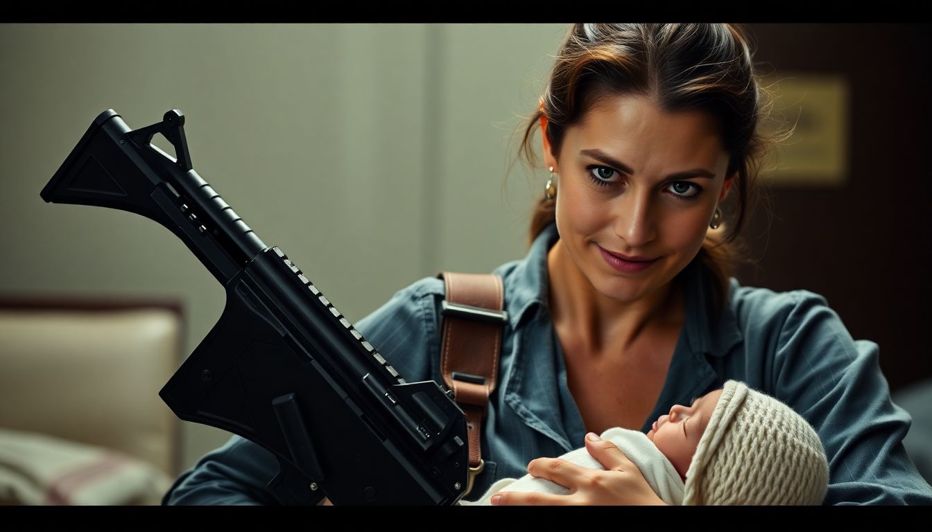 A midwife standing next to a newborn, wearing a holstered gun, with a mixture of determination and tenderness in her eyes.