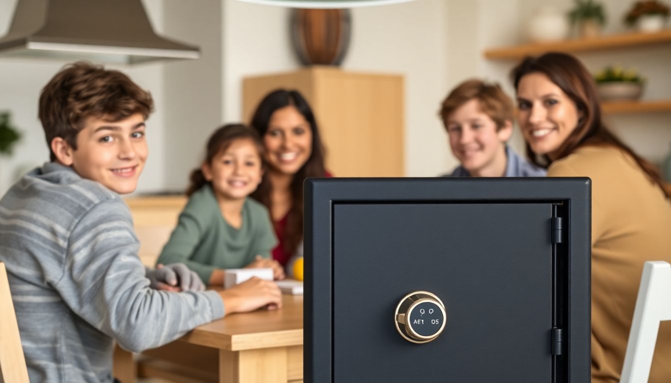 A family sitting around a table, with a securely locked gun safe in the background, highlighting the balance between protection and everyday life.