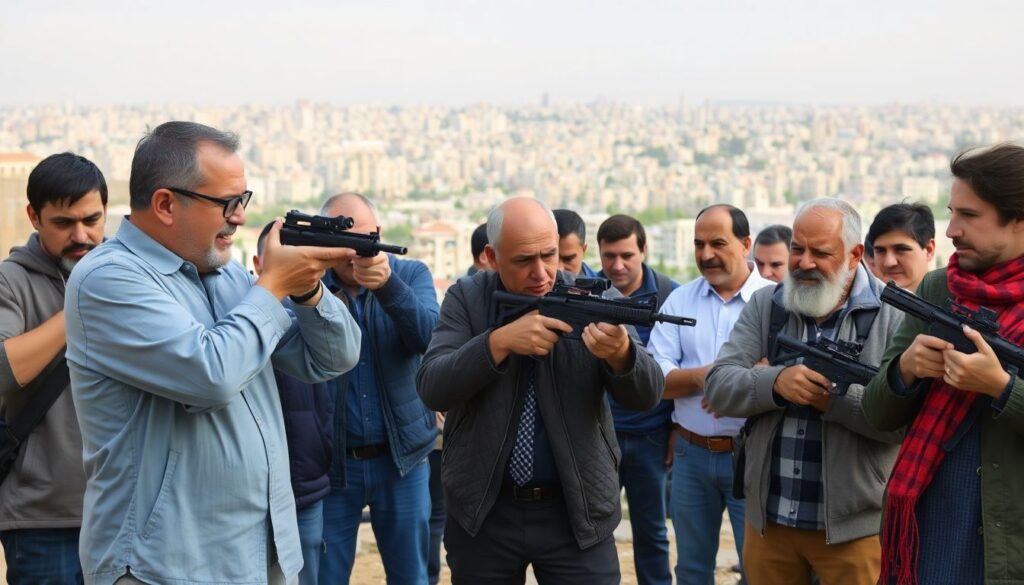 Generate an image depicting a diverse group of Israelis at a shooting range, some eagerly practicing while others watch with a mix of curiosity and concern. In the background, a bustling cityscape hints at the everyday life that continues amidst the new reality.