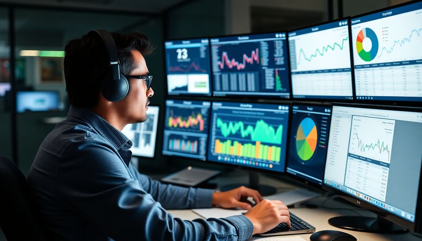 An image of an underwriter at a digital workstation, analyzing risk data on multiple screens, with charts and graphs displaying real-time insights.