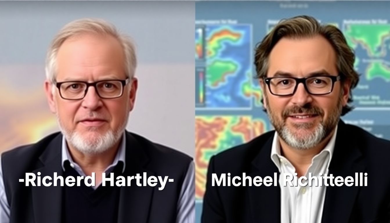 A split-screen image featuring portraits of Richard Hartley and Michael Richitelli, with quotes from their statements overlaid on a background of climate and disaster risk data visualizations.