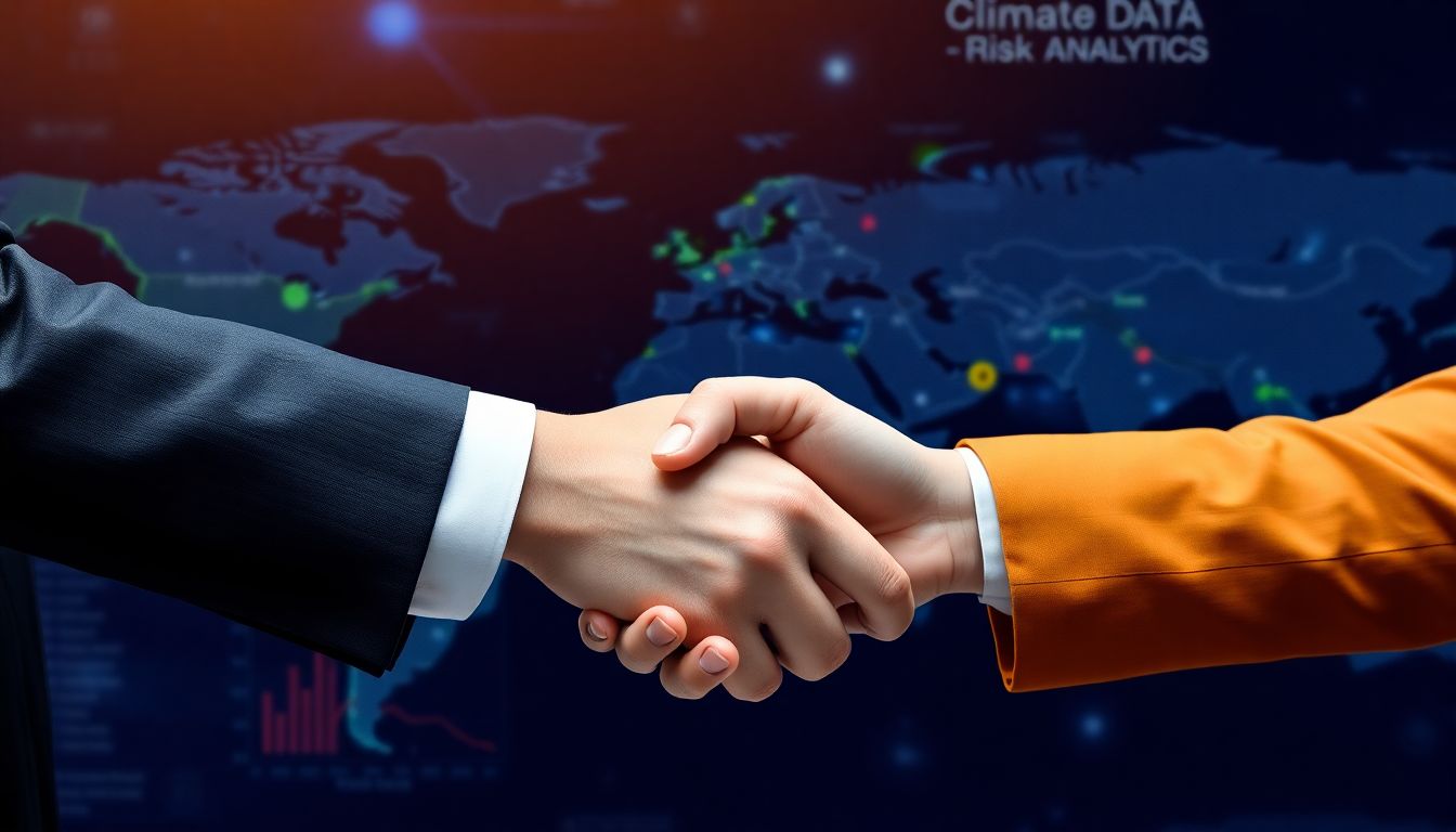 An image depicting a handshake between two professionals, symbolizing the partnership, with a digital globe in the background showing climate data and risk analytics.