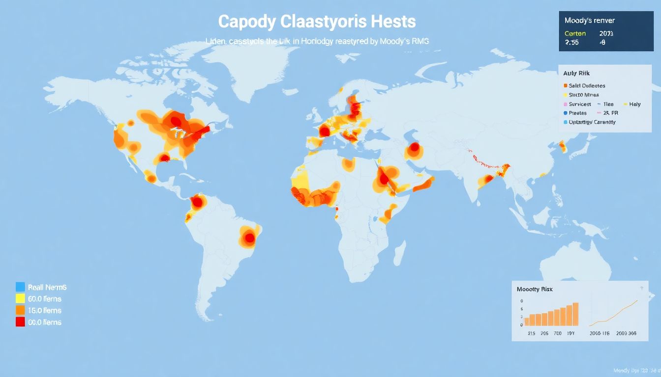 A visual representation of a world map with highlighted regions indicating areas with high catastrophe risk, overlaid with data points and analytics provided by Moody’s RMS.