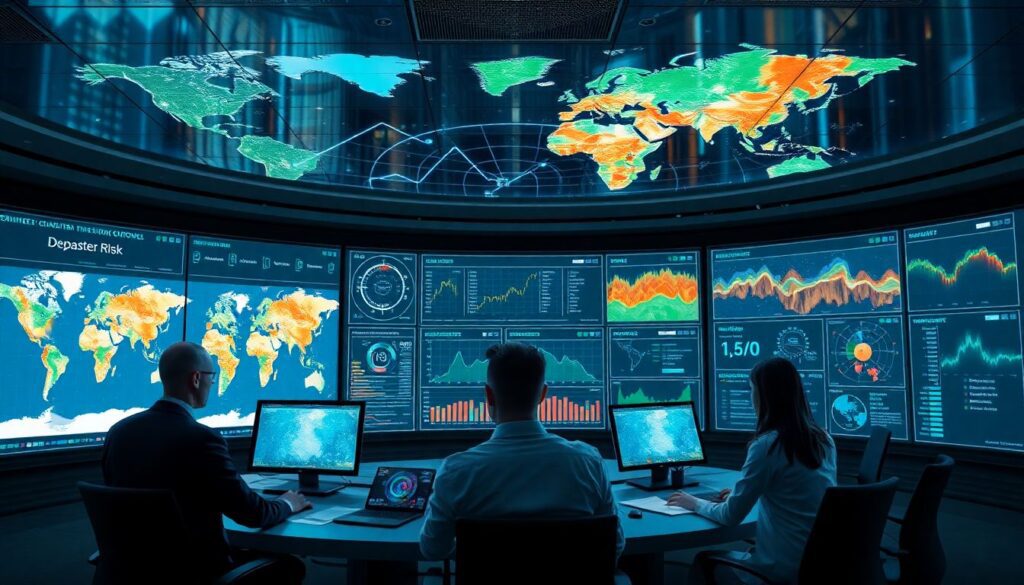 Create an image showcasing a futuristic control room with digital maps and graphs displaying real-time climate and disaster risk data, with insurance professionals collaborating and making decisions based on the insights provided by Cytora and Moody’s RMS platforms.