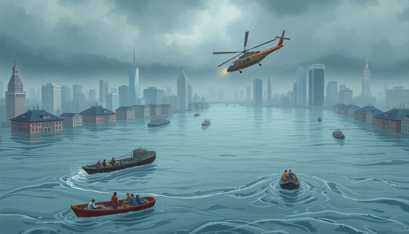 Illustrate a city submerged in water, with people being rescued by boats and helicopters, under a stormy sky.