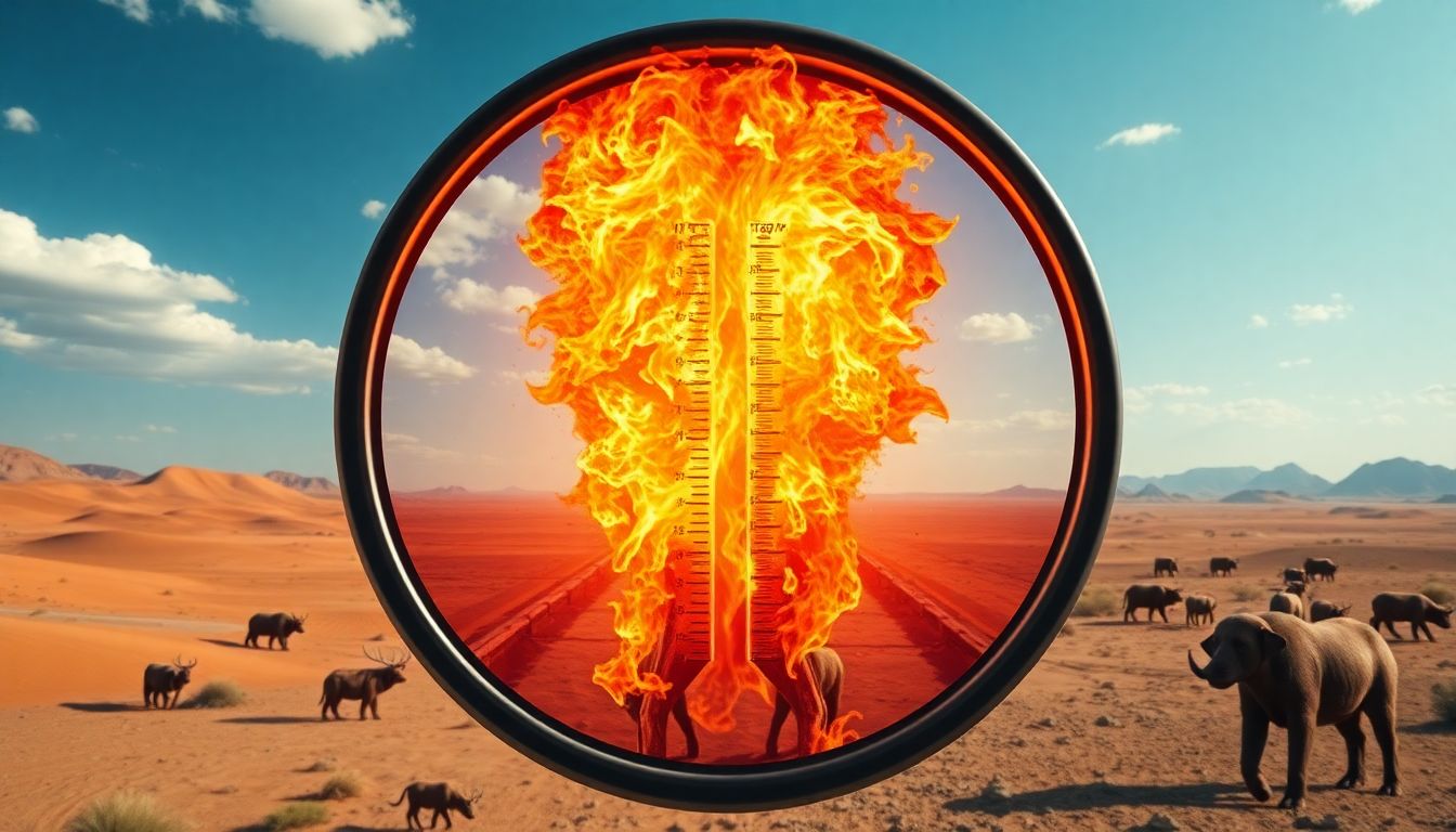 Create an image of a thermometer bursting with extreme heat, surrounded by scenes of desert landscapes and suffering wildlife.