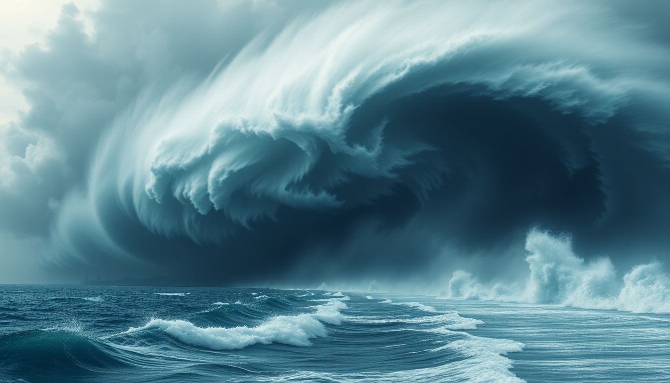 Depict a massive cyclone swirling over the ocean, with waves crashing against a coastal city.