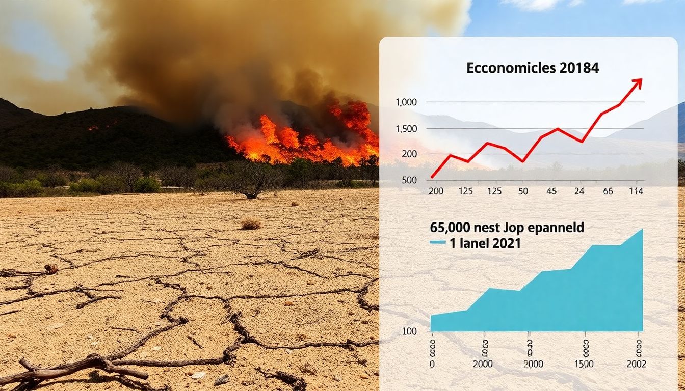 Show a parched landscape with wildfires raging in the background, and a graph illustrating economic losses.