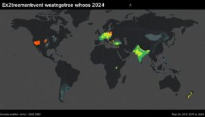 Generate an image showcasing a global map with highlighted regions affected by extreme weather events in 2024, including heatwaves, floods, and cyclones, with a dark, ominous color scheme to emphasize the severity.