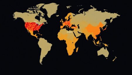 Generate an image depicting a global map with various climate disasters highlighted, including heatwaves, floods, cyclones, and wildfires, with a stark color scheme to emphasize the urgency of the situation.