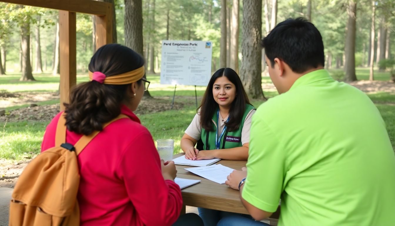 Generate an image of park employees participating in a mental health workshop, with charts and diagrams on coping strategies and resilience building.