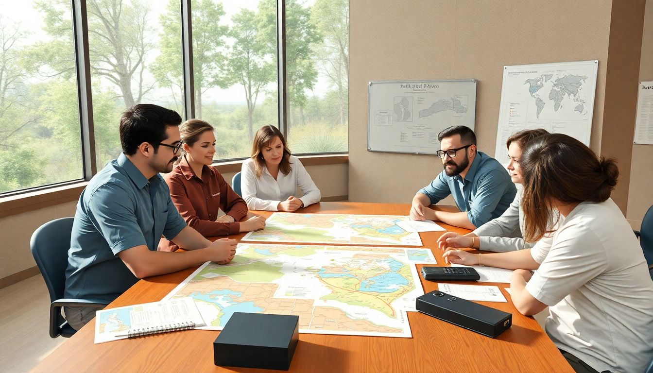 Generate an image of a workshop where park employees are discussing potential disaster scenarios, with maps and charts spread out on a table.