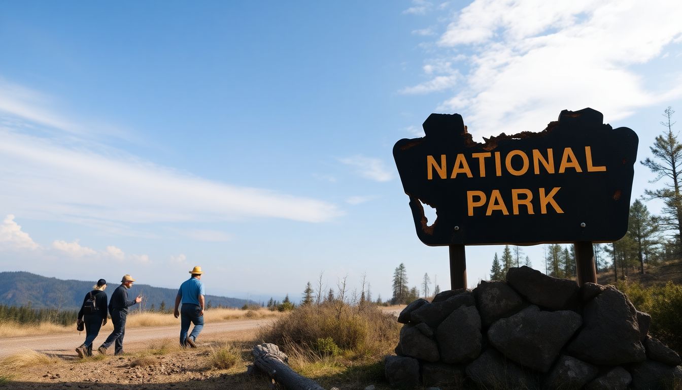 Create an image of a burned national park sign, symbolizing the loss and devastation caused by a wildfire, with park employees in the background assessing the damage.