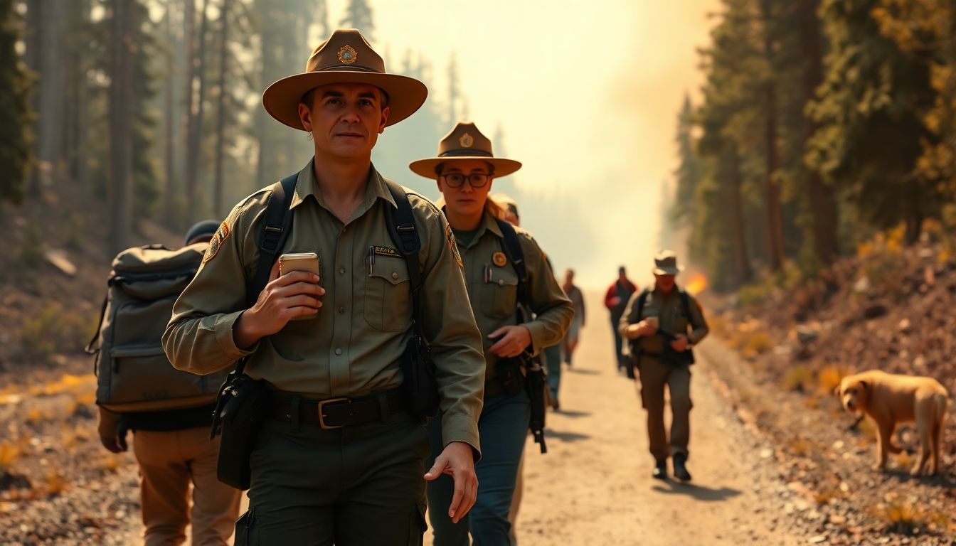 Create an image of park rangers evacuating visitors during a wildfire, showcasing the dual role of protecting the park and managing personal stress.