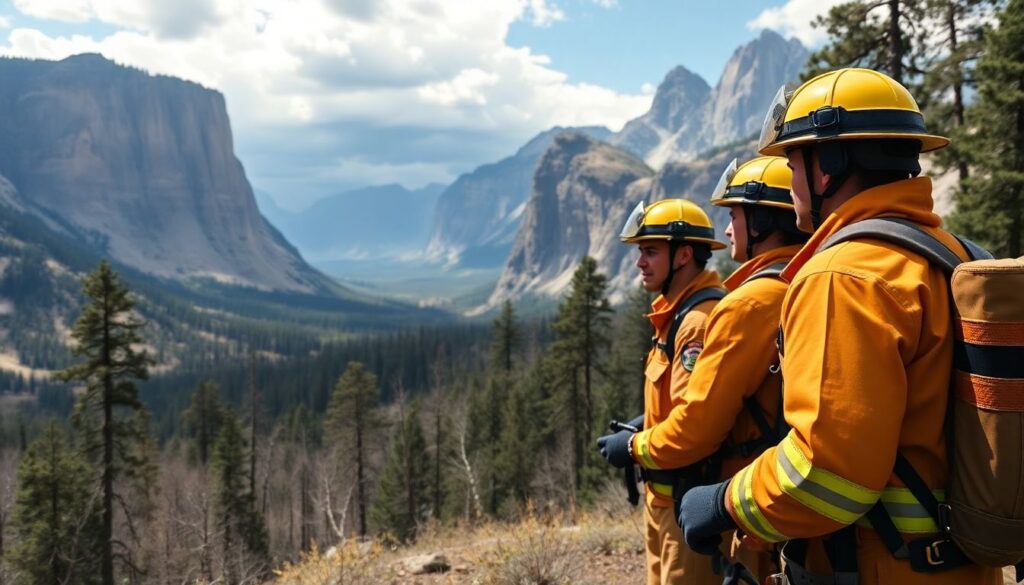 Generate an image of National Park Service wildland firefighters in Yosemite National Park, with a backdrop of scenic landscapes and hints of potential disaster threats like wildfires or extreme weather events.