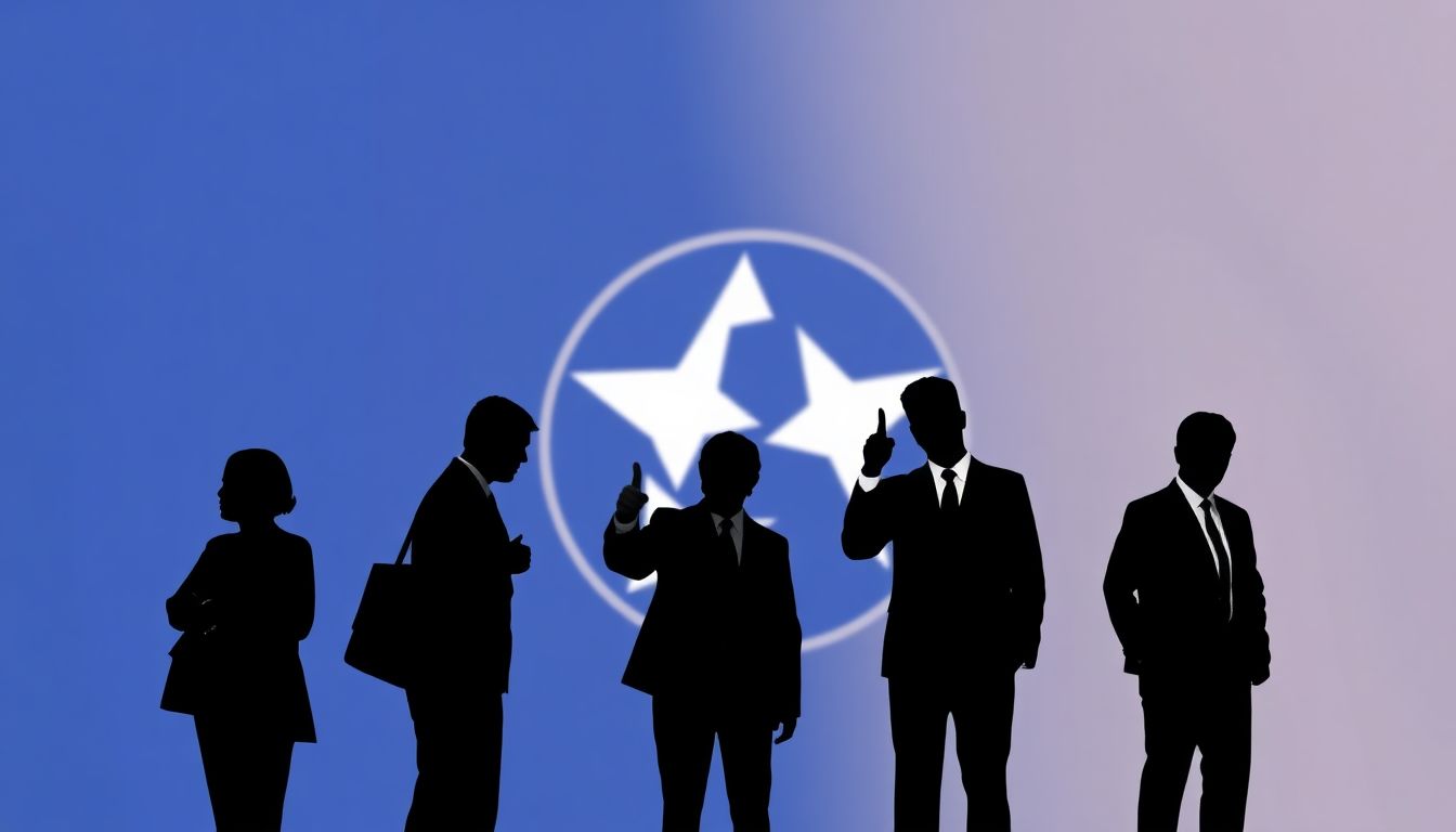 An image of the Tennessee state flag with silhouettes of senators and representatives voting, with thumbs up and down symbols.