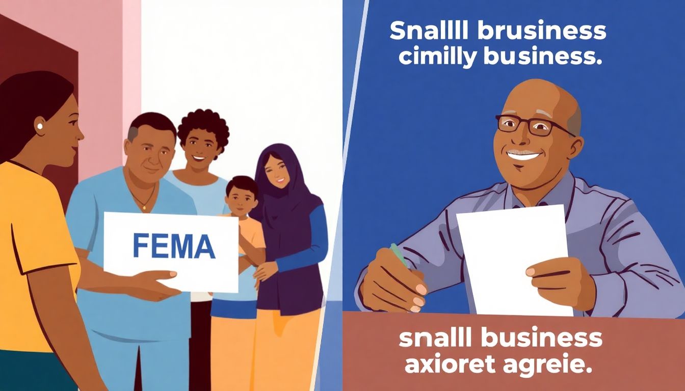 A graphic showing a family receiving FEMA aid and a small business owner signing loan documents with a hopeful expression.