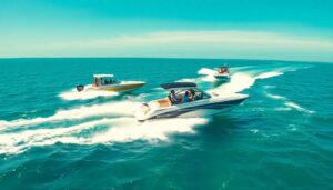 A vibrant and action-packed scene featuring powerboats speeding through the crystal-clear waters of the Florida Keys, with participants enjoying various activities under the sunny skies of Key Largo.