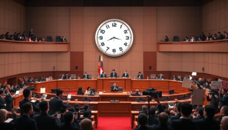 Generate an image of a chaotic parliament session in South Korea with lawmakers voting and media cameras flashing. Include a prominent clock showing the date Dec. 27, 2024, and a tense atmosphere with concerned citizens protesting outside the parliament building.