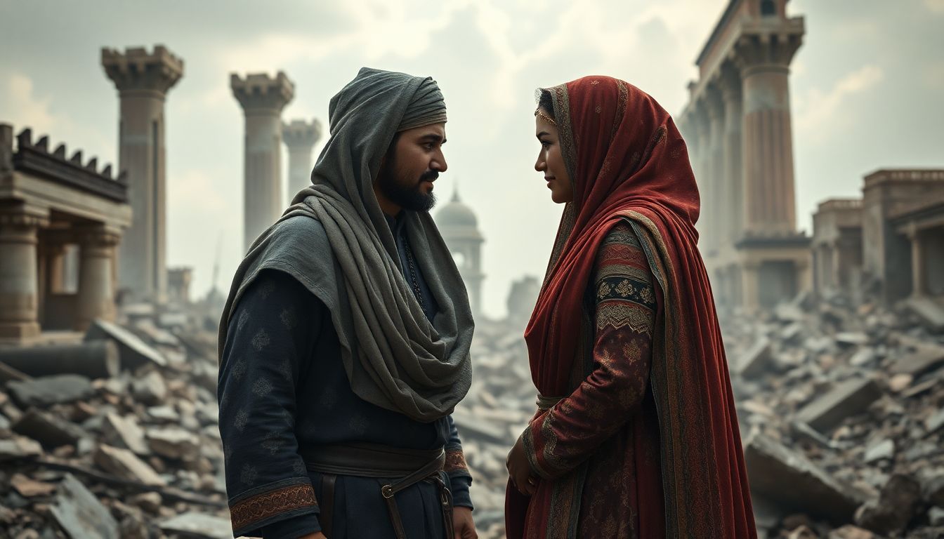 Create an image of Mahyuddin and Ema meeting for the first time amidst the ruins, with a sense of hope and connection between them.