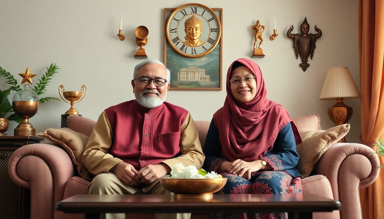 Create an image of Mahyuddin and Ema in their cozy living room, surrounded by trophies and symbols of their happy family life.