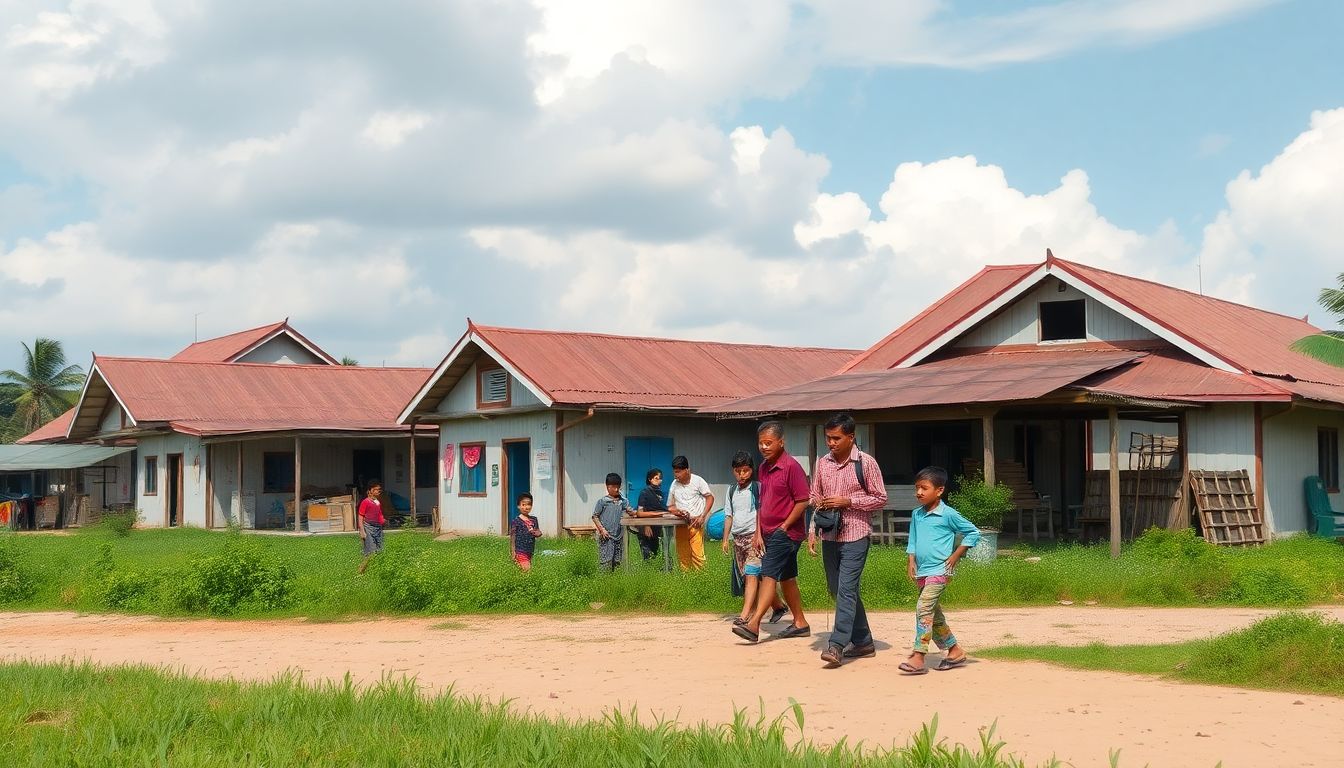 Depict a scene of a bustling Aceh village post-tsunami, with new homes, families, and a sense of community rebuilding.