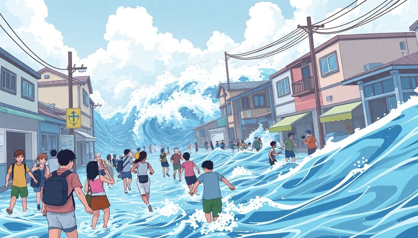 Illustrate the chaotic scene in the town as the tsunami hits, with people rushing to safety and water flooding the streets.