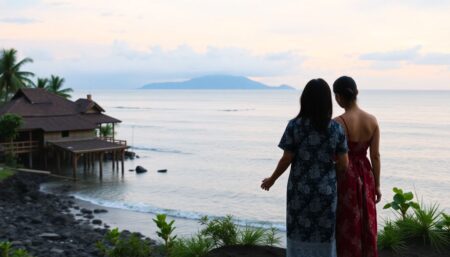 Create an image of a serene coastal village in Indonesia, with a couple standing hand in hand, looking out at the calm sea, symbolizing hope and new beginnings after the tsunami.