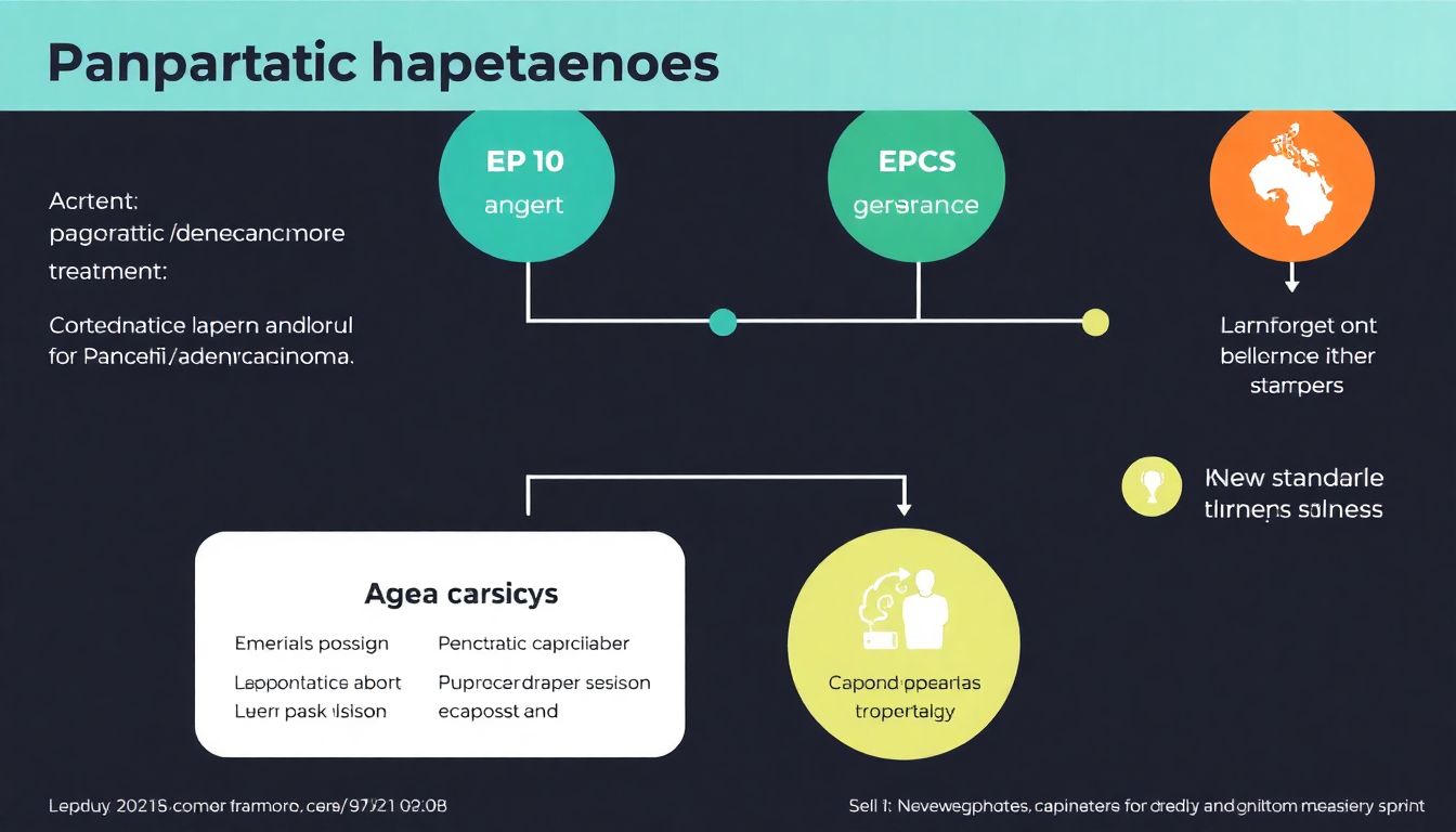 Design an infographic showing the current standard treatment options for pancreatic adenocarcinoma, with gemcitabine/capecitabine highlighted as a new standard option.