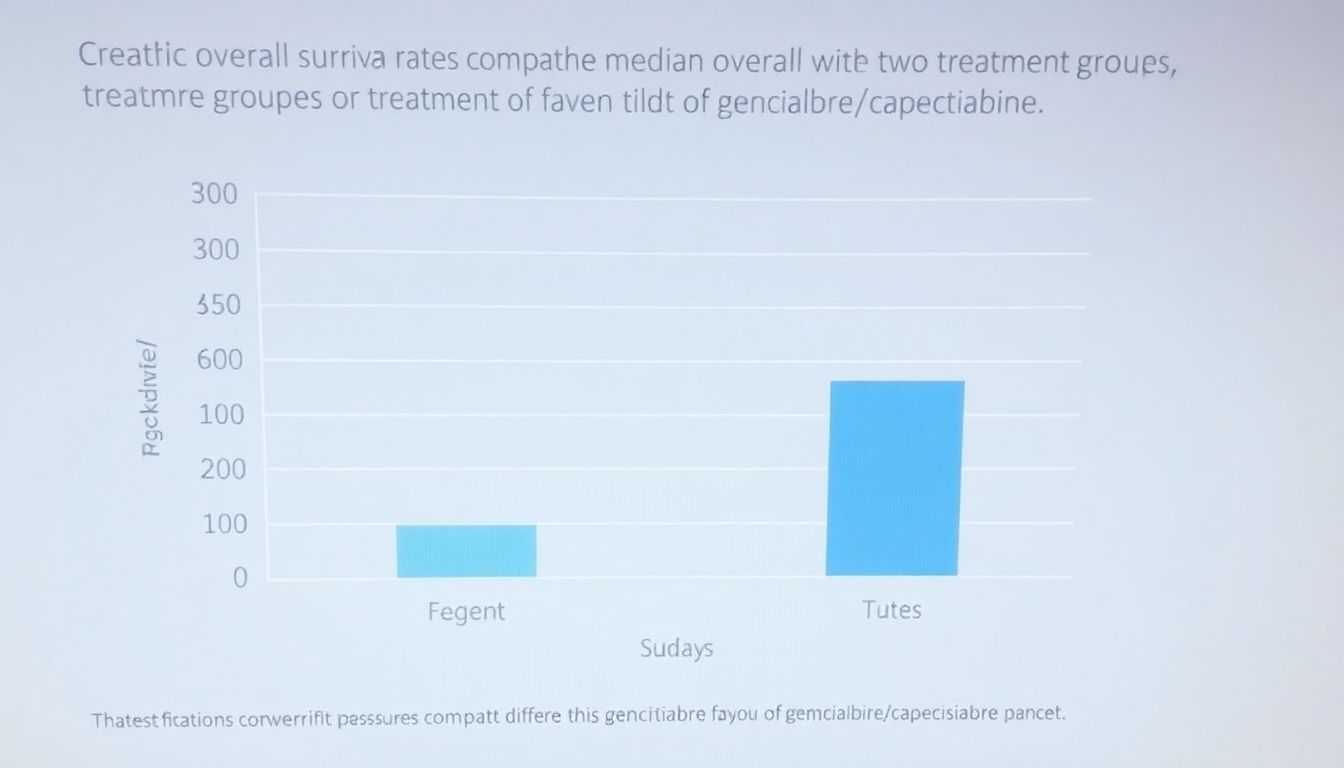 Create a bar graph comparing the median overall survival rates between the two treatment groups, highlighting the significant difference in favor of gemcitabine/capecitabine.