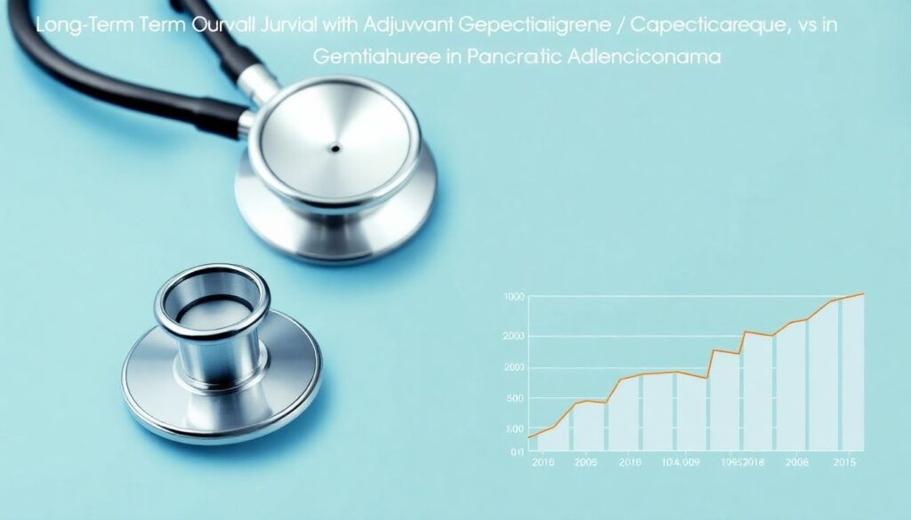 Create an image of a medical journal cover featuring a stethoscope, a DNA helix, and a graph showing survival rates over time, with the title 'Long-Term Overall Survival With Adjuvant Gemcitabine/Capecitabine vs Gemcitabine in Pancreatic Adenocarcinoma' prominently displayed.