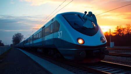 Generate an image of a high-speed train at sunset, with a subtle hint of a guardian angel watching over it.