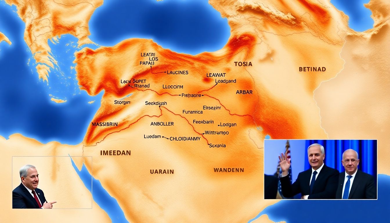 Showcase a map of the Middle East with key strategic points highlighted, along with images of Netanyahu meeting with international leaders.