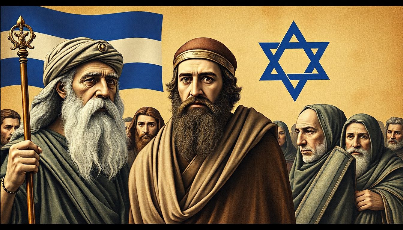 Create an image collage of historical Jewish leaders, including Moses, Judah Maccabee, and modern heroes like Tuvia Bielski.