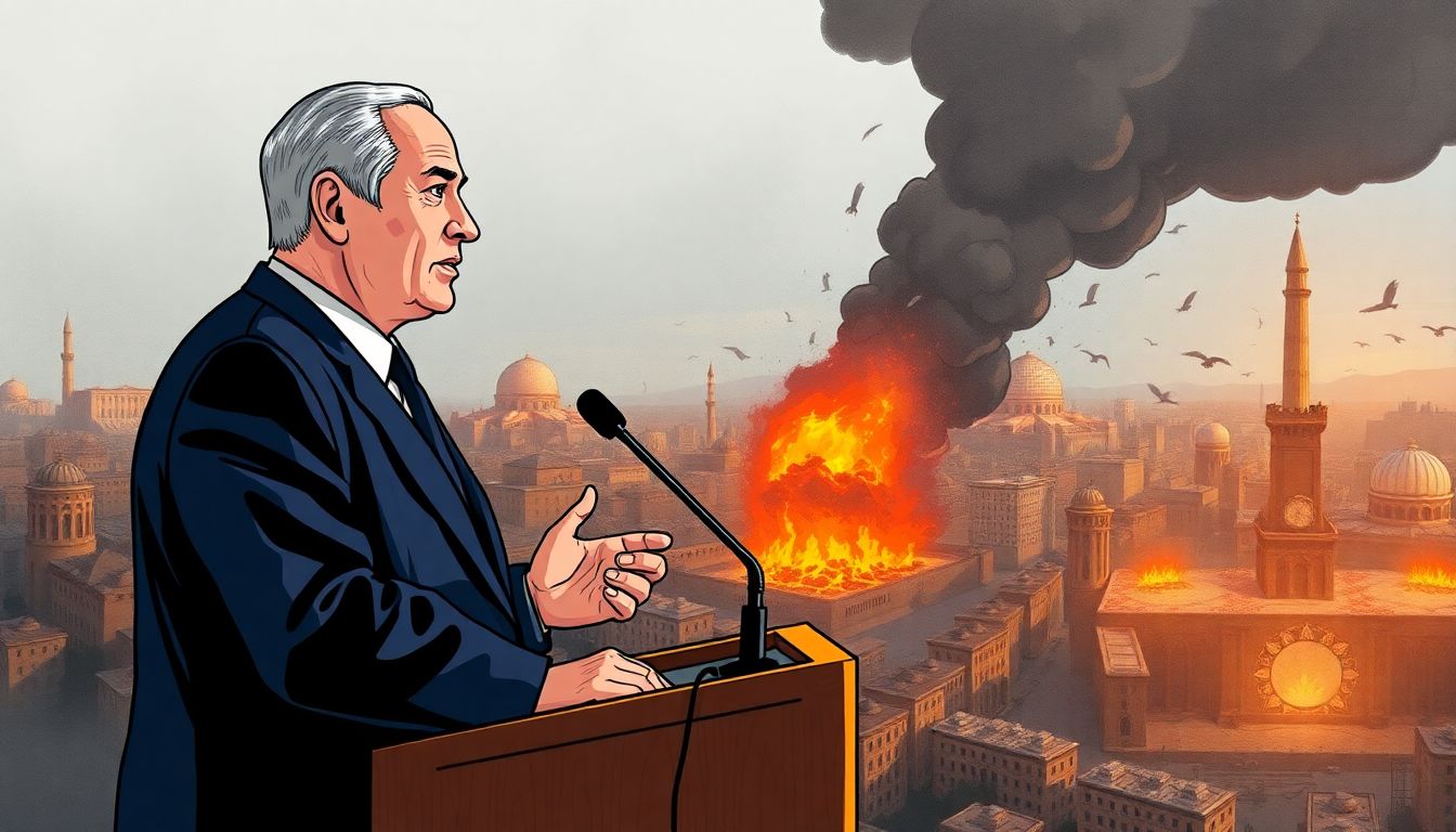 Illustrate the aftermath of the October 7 attacks, with Netanyahu addressing the nation, symbolizing strength and determination.