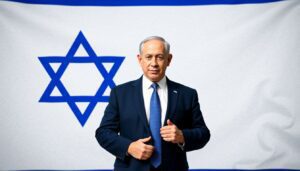 Generate an image of Benjamin Netanyahu standing firmly against a backdrop of the Israeli flag, symbolizing resilience and leadership.