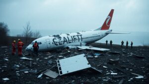 Generate an image of a plane crash site with debris scattered around, emergency responders on the scene, and a backdrop of the Caspian Sea.