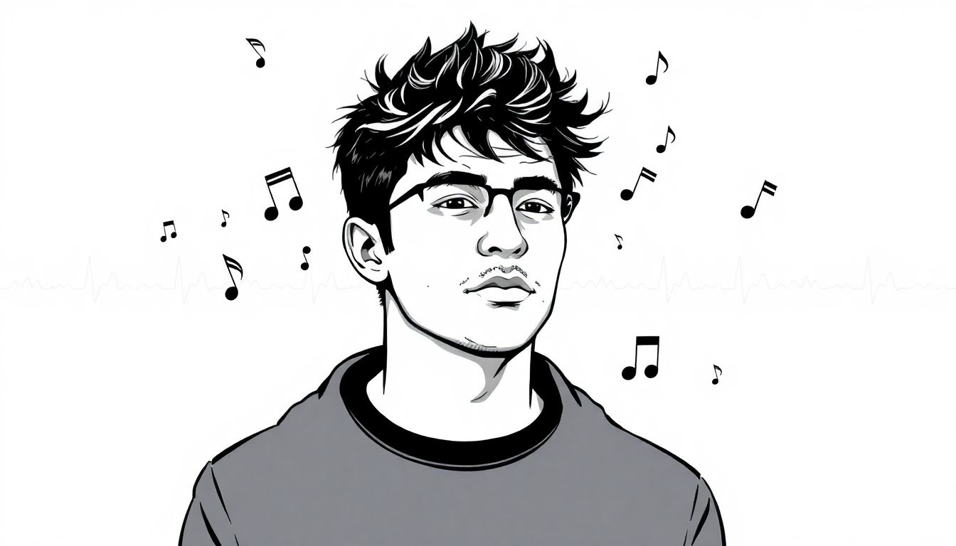 Create a respectful, black-and-white portrait of Casey Chaos, surrounded by musical notes and symbols, with a subtle heart monitor line fading away in the background.