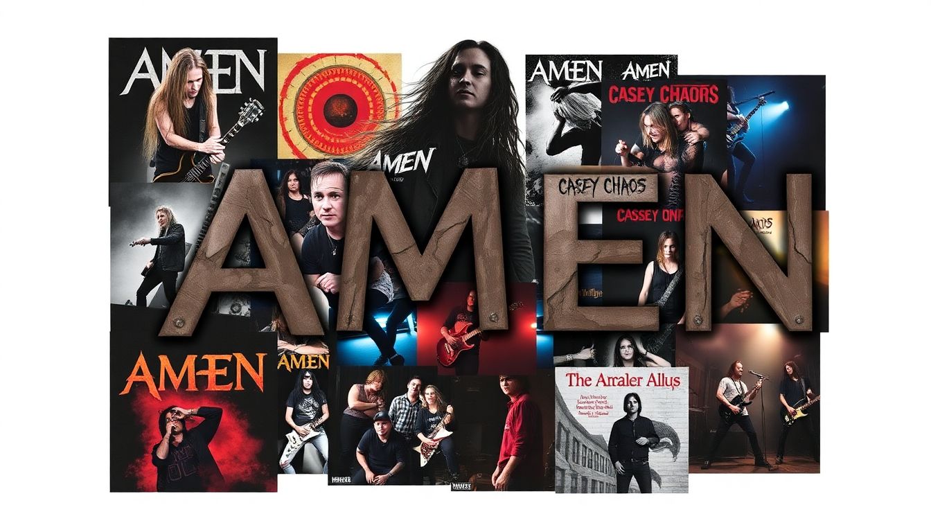 Design a collage of Amen's album covers, concert photos, and memorable moments from Casey Chaos' career, with a grunge-inspired aesthetic.