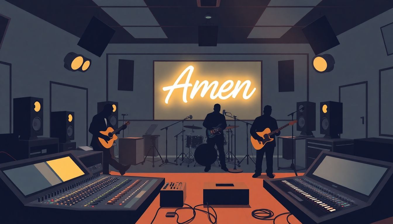 Illustrate a recording studio with mixing boards, instruments, and the silhouettes of the musicians working on the final album, with a neon 'Amen' sign glowing in the background.