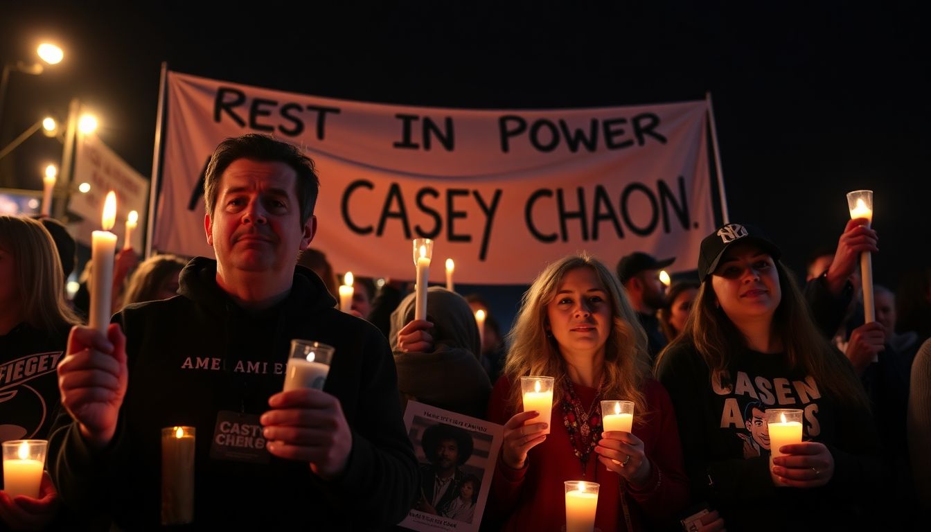 Create a heartfelt image of fans holding candles and Amen memorabilia at a vigil, with a banner reading 'Rest in Power, Casey Chaos' in the background.