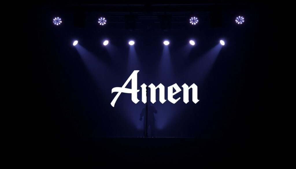 Generate an image of a dark, moody concert stage with a microphone stand in the foreground, spotlights illuminating the empty stage, and a faint, ghostly silhouette of Casey Chaos in the background. The atmosphere should be somber yet celebratory, with the band's logo 'Amen' prominently displayed.