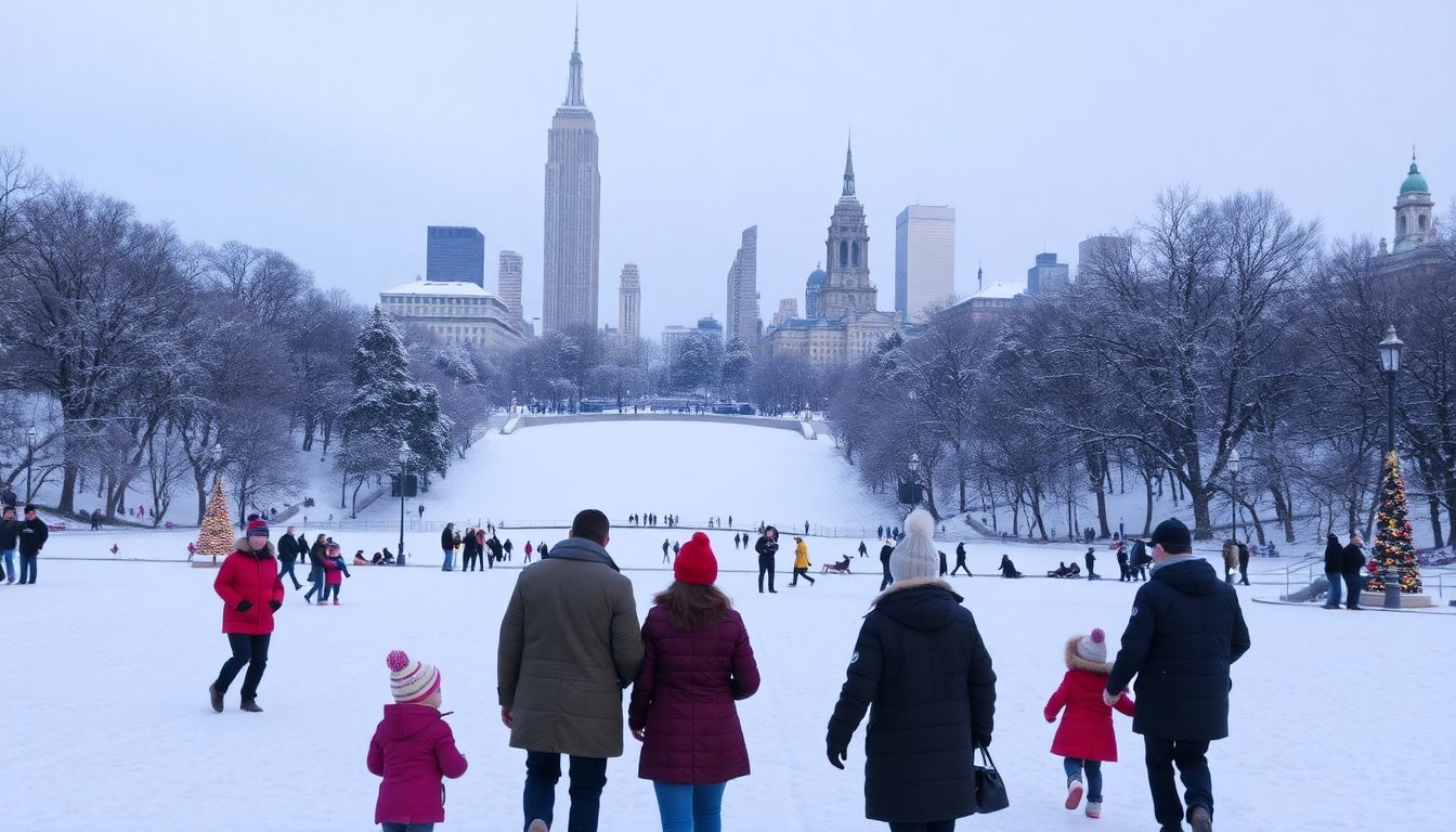 Create an image of a snow-covered Central Park, with families enjoying the winter wonderland and holiday spirit.