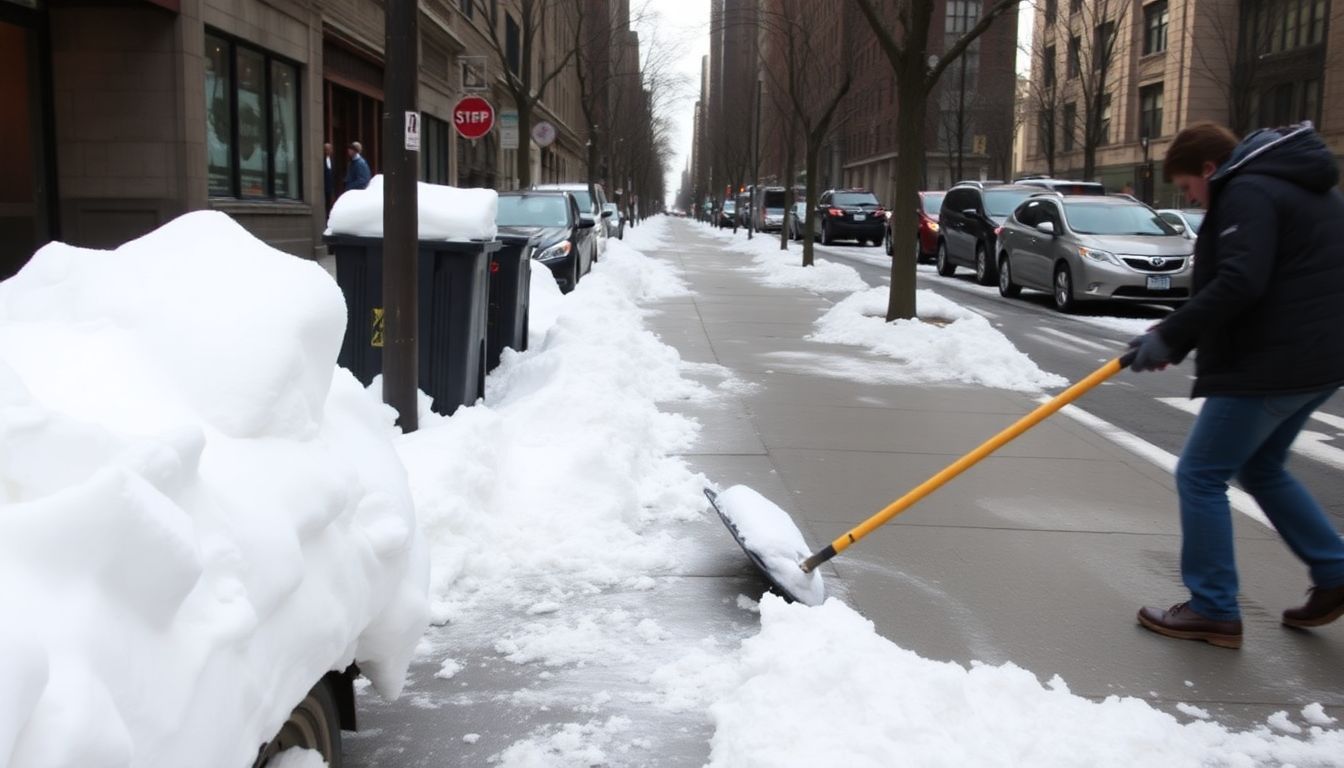 Show a New York City sidewalk with snow being shoveled, with a reminder of the clearing timelines.