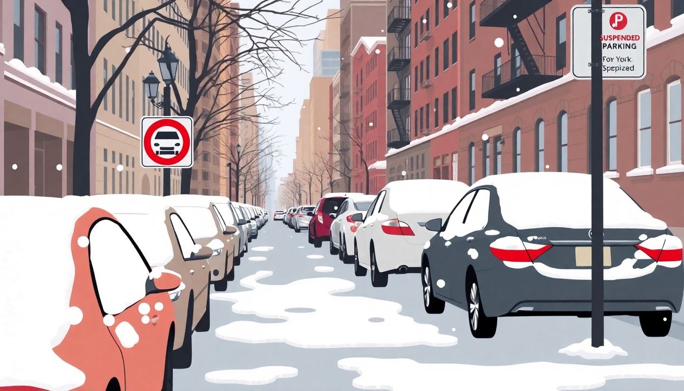 Illustrate a New York City street with parked cars covered in a light dusting of snow, and a sign indicating suspended parking rules.