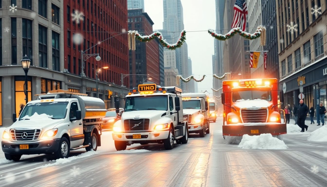 Create an image of snowplows and salt spreaders on New York City streets, with a backdrop of snowflakes and holiday decorations.