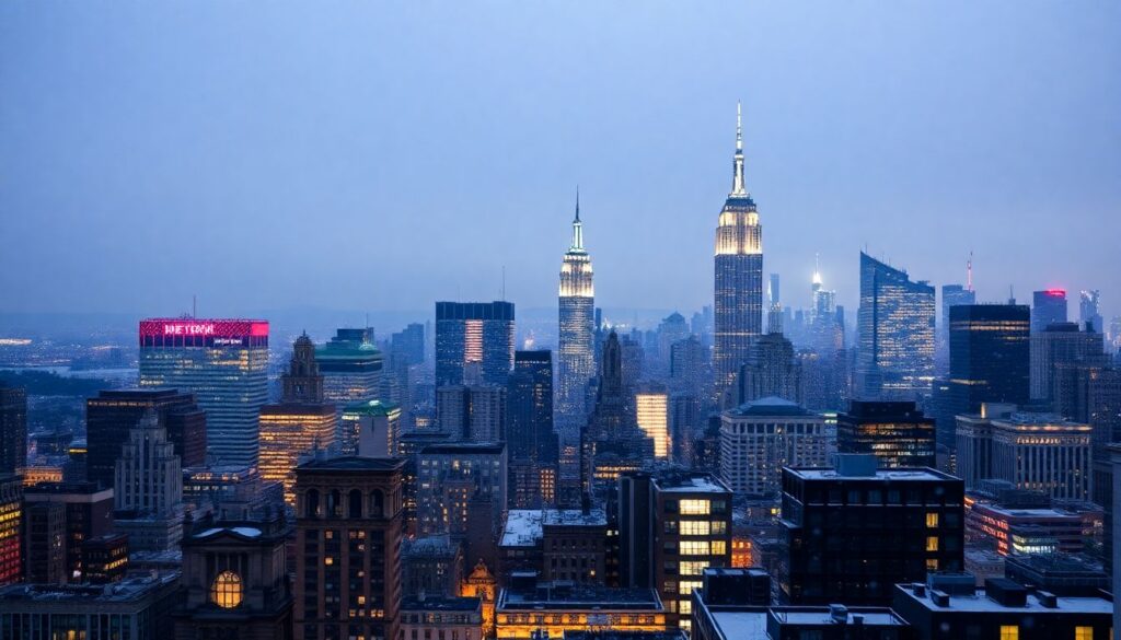 Generate an image of New York City's iconic skyline with light snowfall, decorated with Christmas lights and a festive atmosphere.