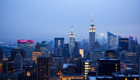 Generate an image of New York City's iconic skyline with light snowfall, decorated with Christmas lights and a festive atmosphere.